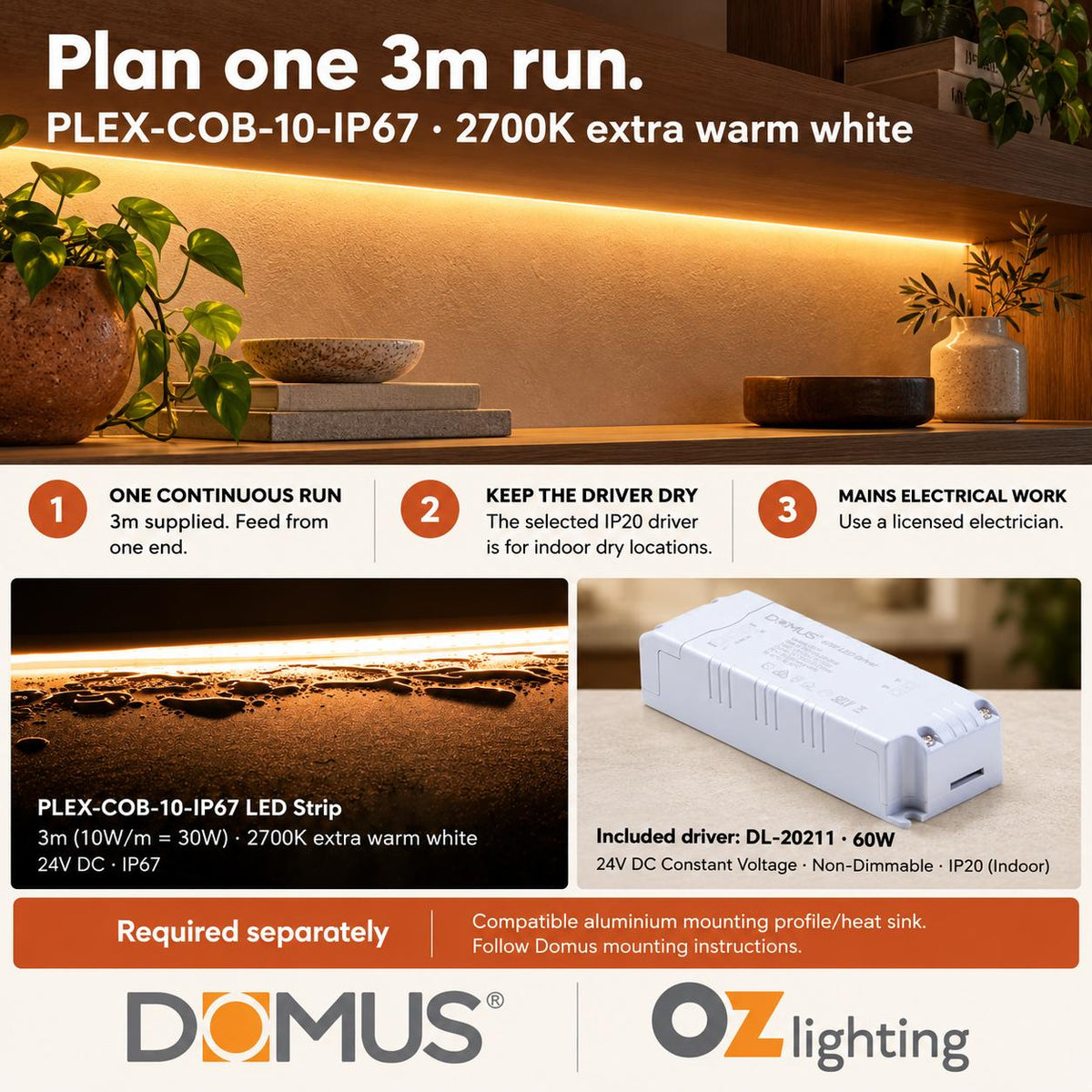 Domus PLEX 3 Metre 10W/m Extra Warm White Outdoor Strip and Driver Bundle-Domus Lighting-Ozlighting.com.au