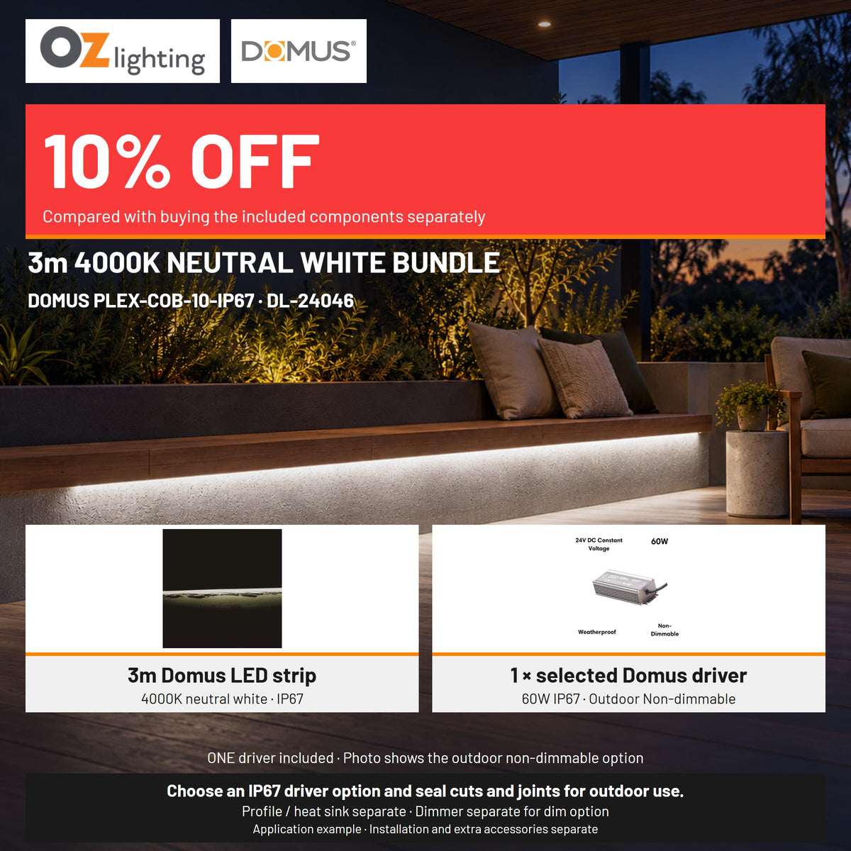 Domus PLEX 3 Metre 10W/m Neutral White Outdoor Strip and Driver Bundle-Domus Lighting-Ozlighting.com.au