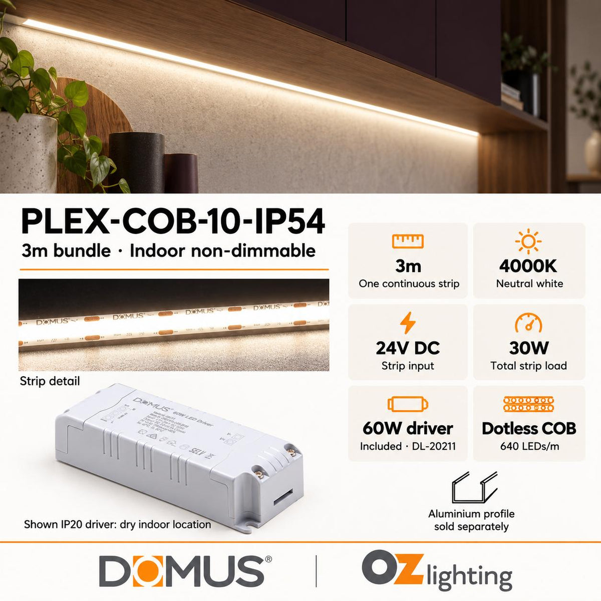 Domus PLEX-COB-10-IP54 3m 4000K LED strip and driver bundle — product details
