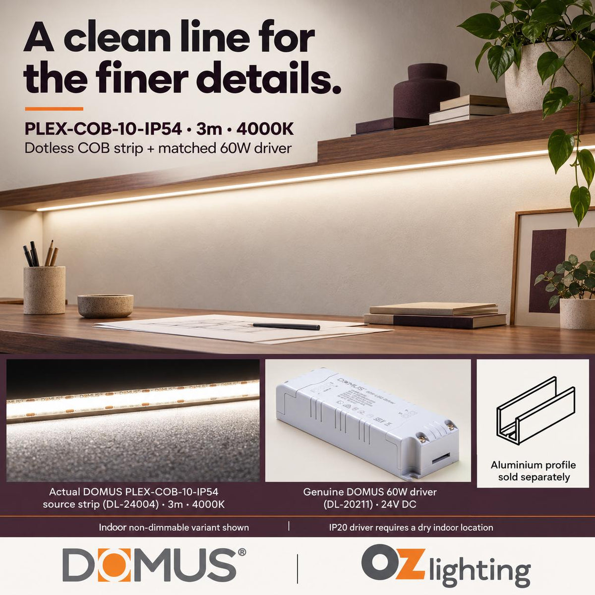 Domus PLEX-COB-10-IP54 3m 4000K LED strip and driver bundle — product benefit