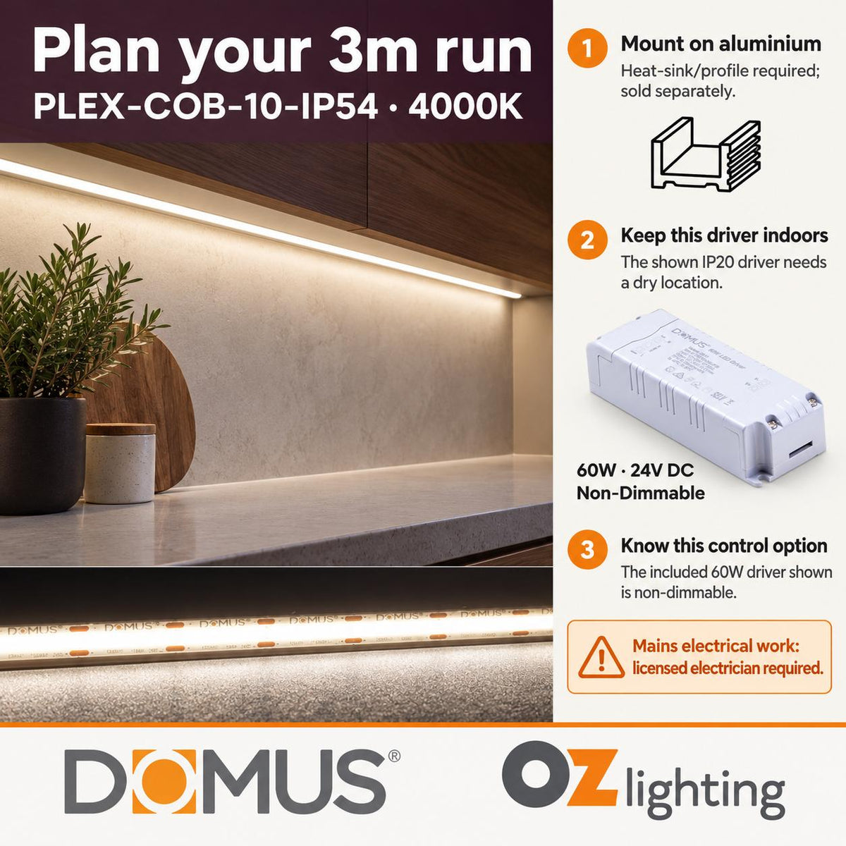Domus PLEX-COB-10-IP54 3m 4000K LED strip and driver bundle — practical advice