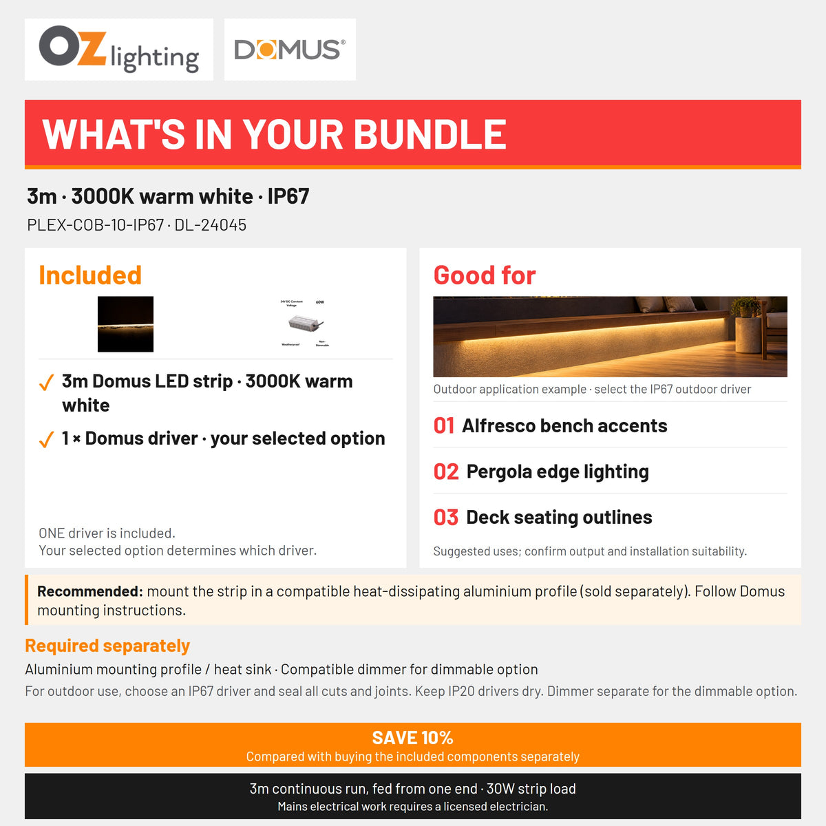 Domus PLEX 3 Metre 10W/m Warm White Outdoor Strip and Driver Bundle-Domus Lighting-Ozlighting.com.au