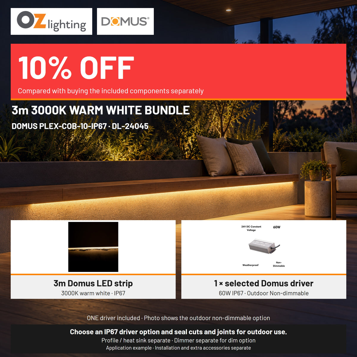 Domus PLEX 3 Metre 10W/m Warm White Outdoor Strip and Driver Bundle-Domus Lighting-Ozlighting.com.au