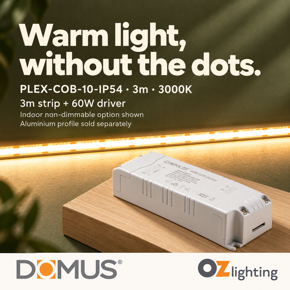 Domus PLEX-COB-10-IP54 3m 3000K LED strip and driver bundle — hero