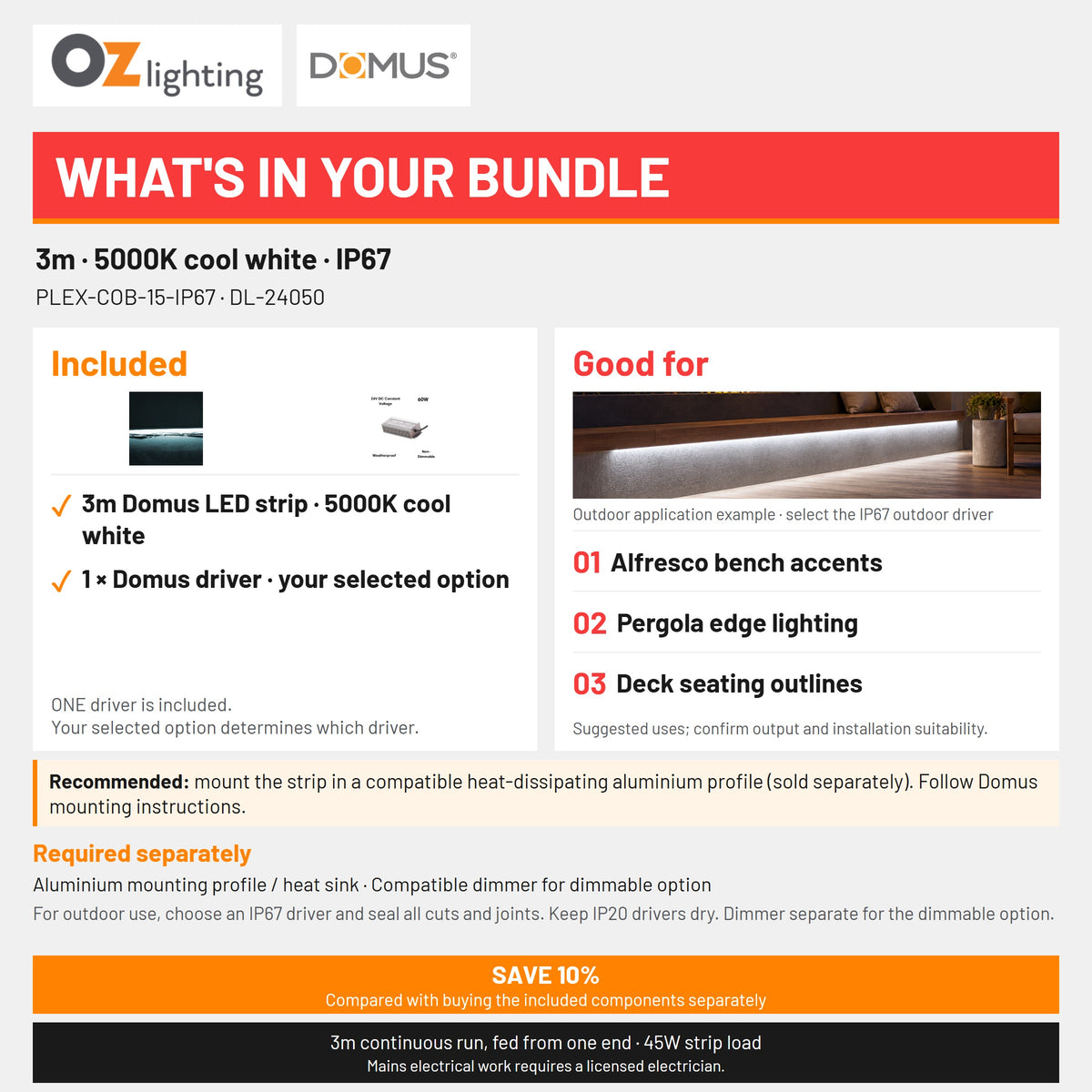 Domus PLEX 3 Metre 15W/m Cool White Outdoor Strip and Driver Bundle-Domus Lighting-Ozlighting.com.au
