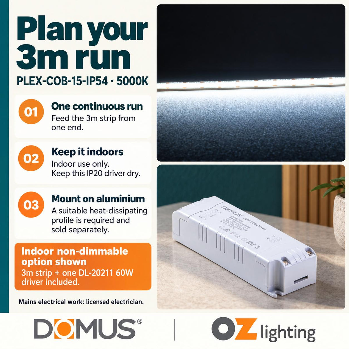 Domus PLEX-COB-15-IP54 3m 5000K LED strip and driver bundle — practical advice