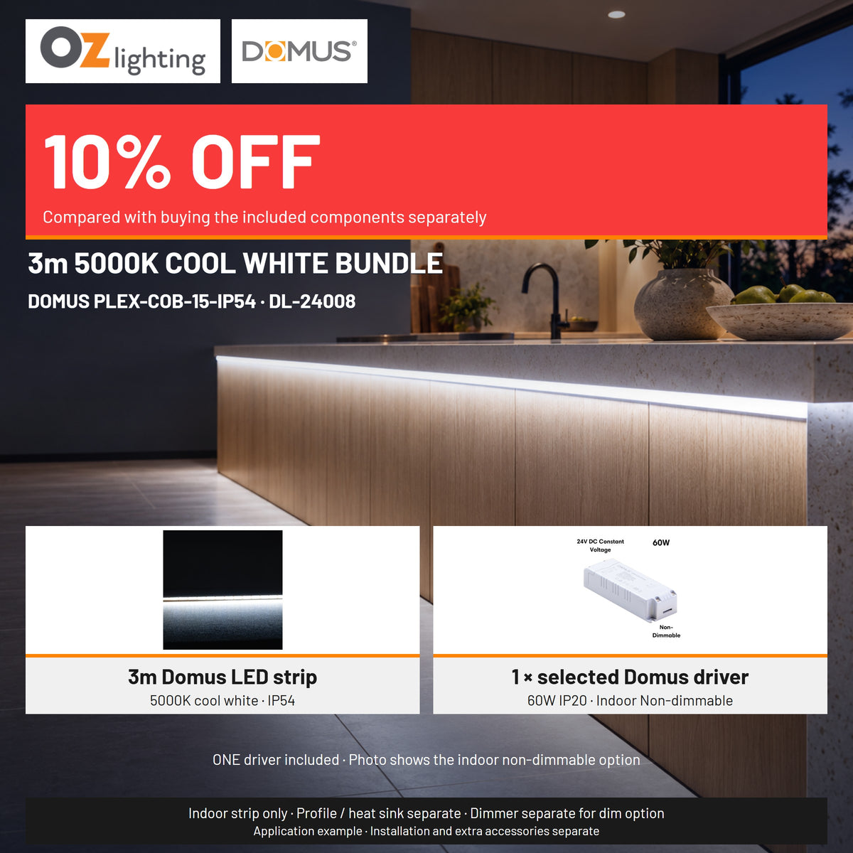 Domus PLEX 3 Metre 15W/m Cool White Strip and Driver Bundle-Domus Lighting-Ozlighting.com.au