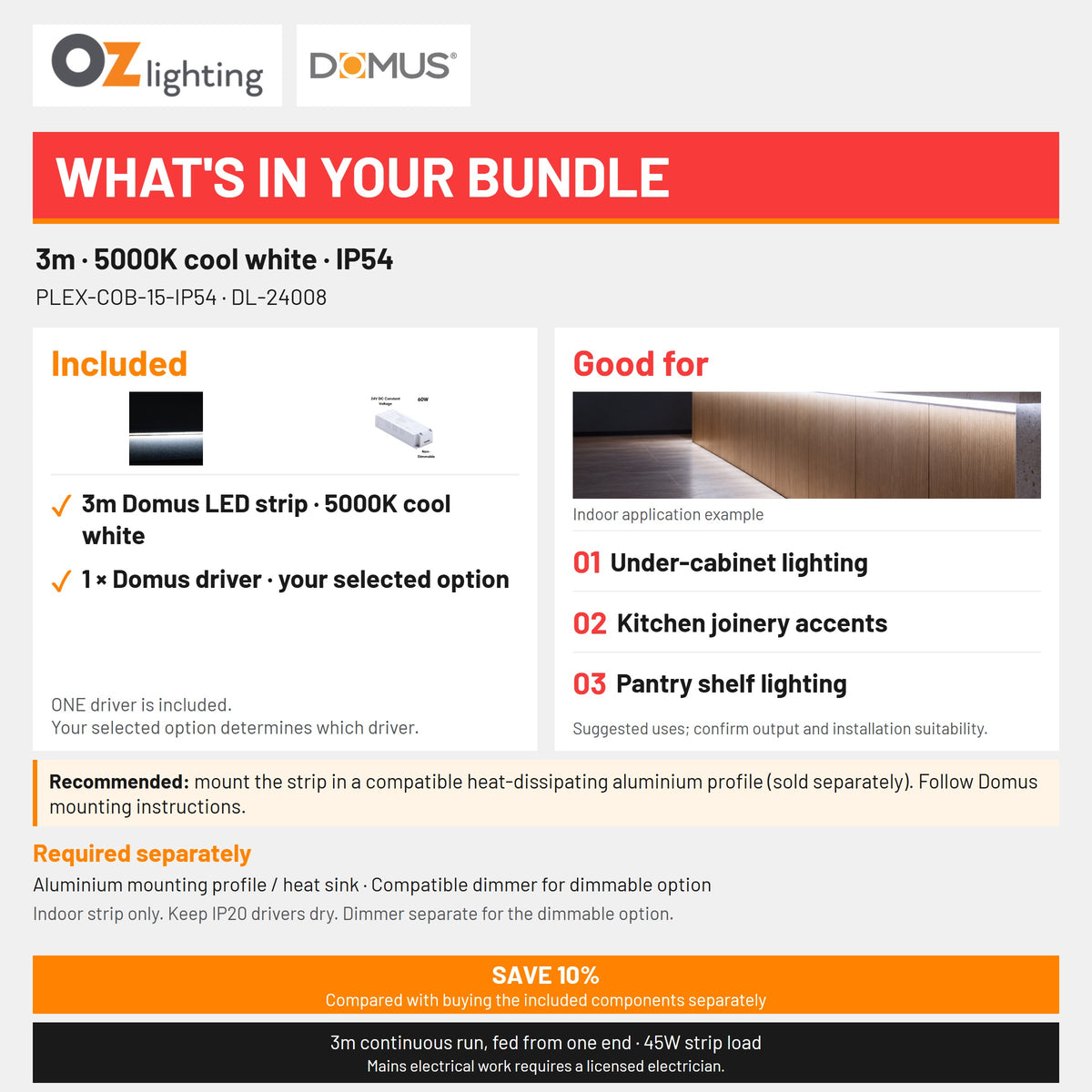 Domus PLEX 3 Metre 15W/m Cool White Strip and Driver Bundle-Domus Lighting-Ozlighting.com.au