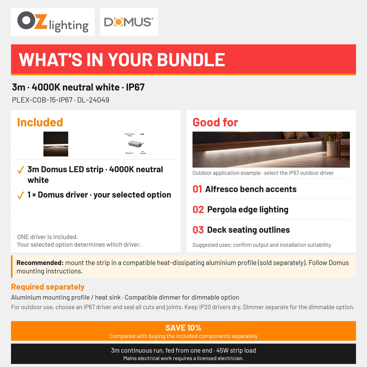 Domus PLEX 3 Metre 15W/m Neutral White Outdoor Strip and Driver Bundle-Domus Lighting-Ozlighting.com.au