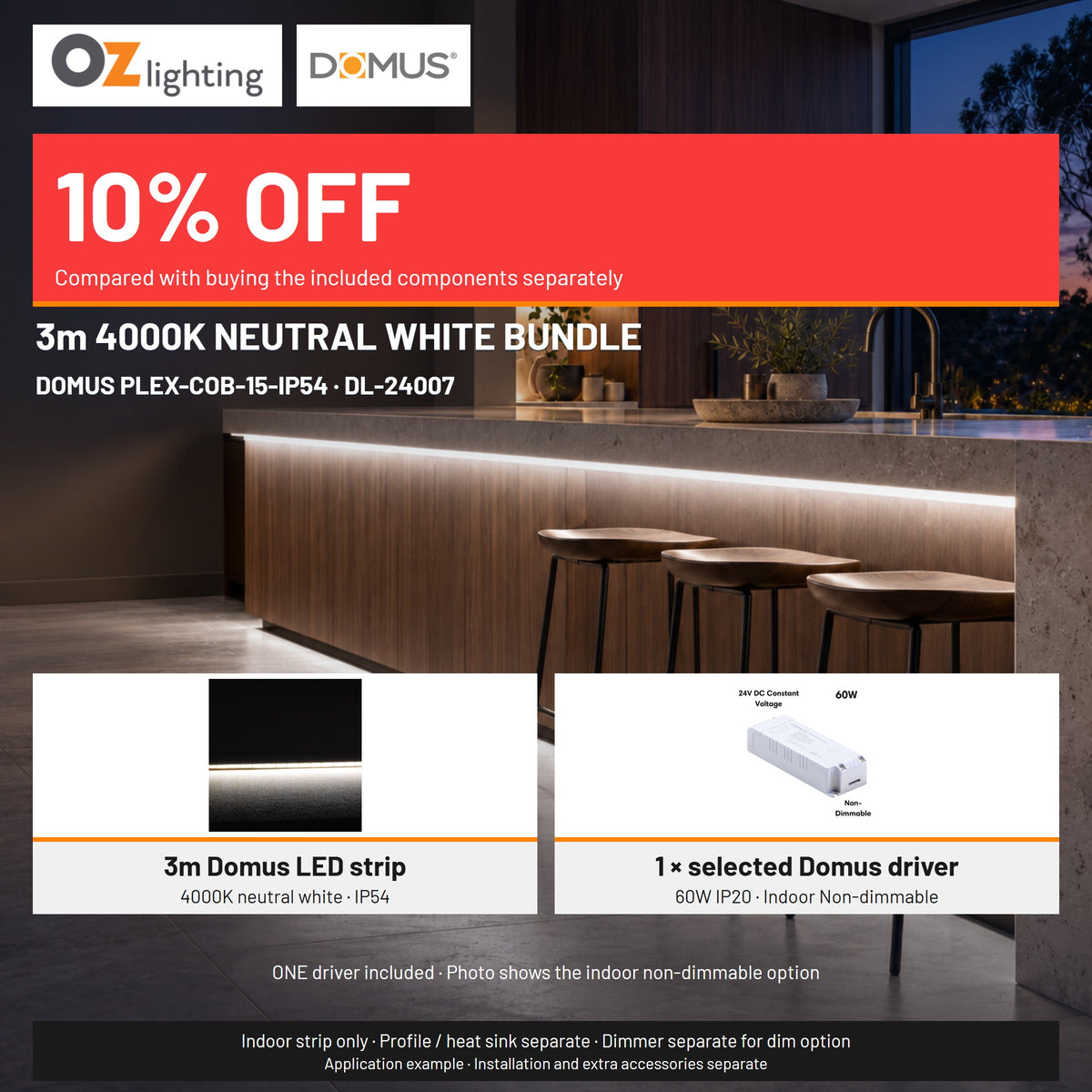 Domus PLEX 3 Metre 15W/m Neutral White Strip and Driver Bundle-Domus Lighting-Ozlighting.com.au