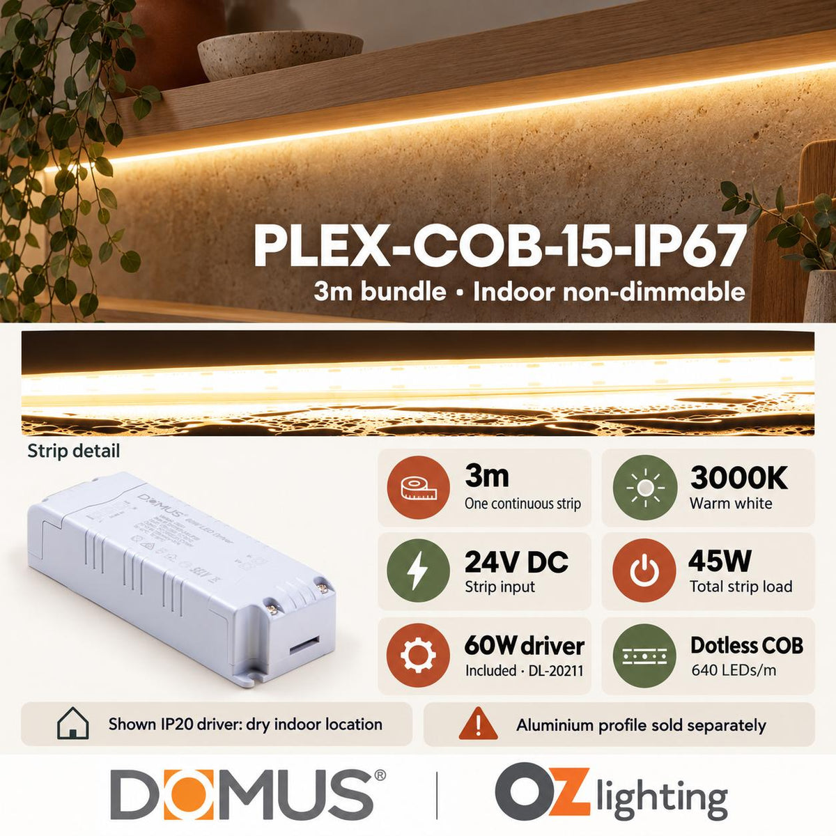 Domus PLEX 3 Metre 15W/m Warm White Outdoor Strip and Driver Bundle-Domus Lighting-Ozlighting.com.au