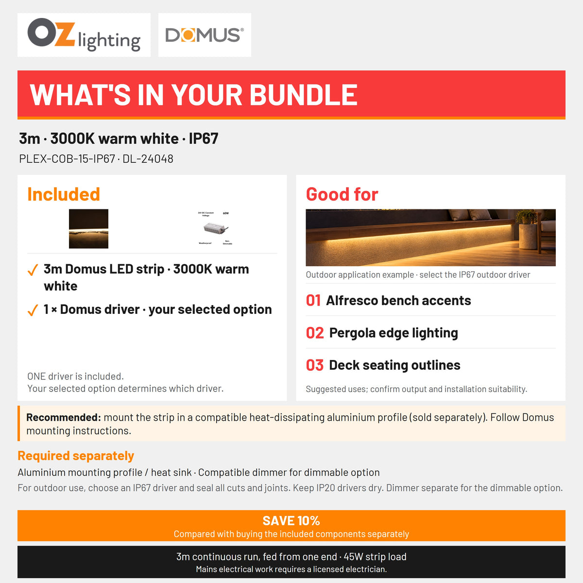 Domus PLEX-COB-15-IP67 LED Strip & Driver Bundle - 3000K, 3m-Domus Lighting-Ozlighting.com.au