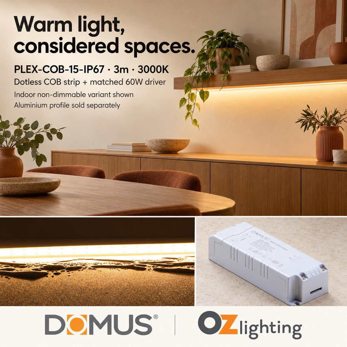 Domus PLEX 3 Metre 15W/m Warm White Outdoor Strip and Driver Bundle-Domus Lighting-Ozlighting.com.au