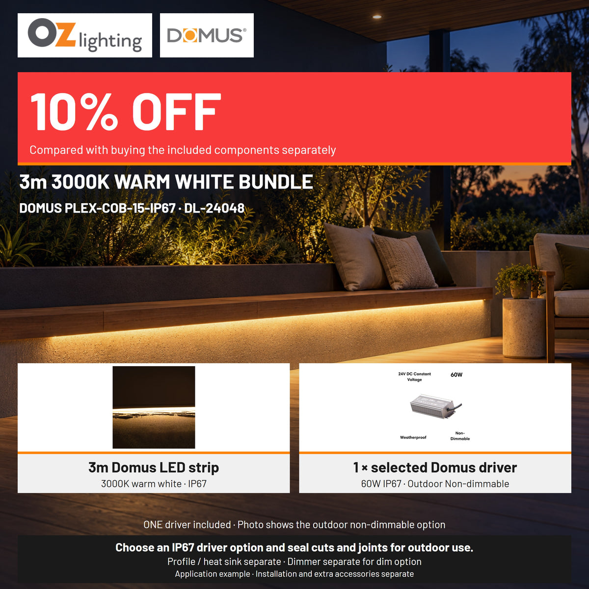 Domus PLEX 3 Metre 15W/m Warm White Outdoor Strip and Driver Bundle-Domus Lighting-Ozlighting.com.au