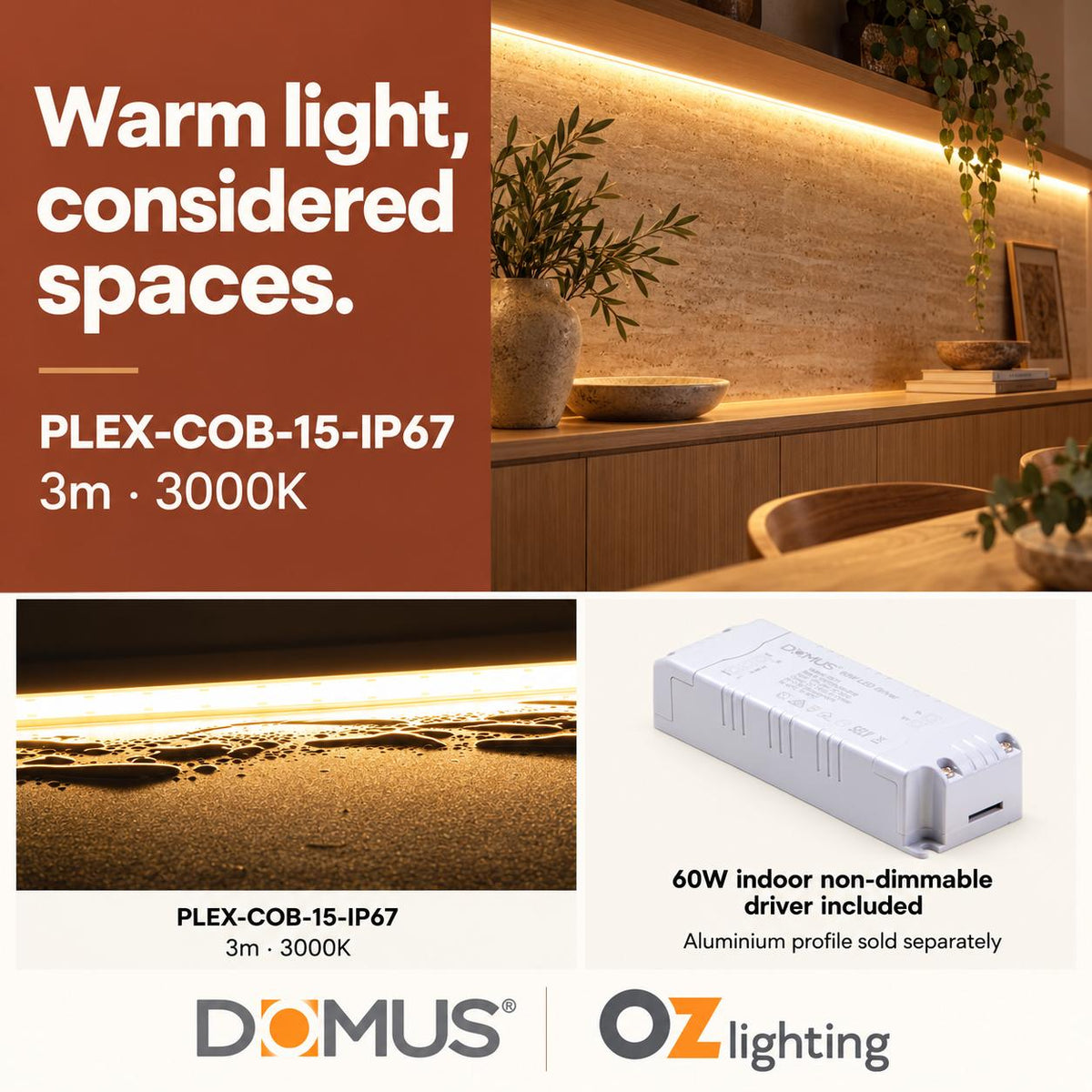 Domus PLEX 3 Metre 15W/m Warm White Outdoor Strip and Driver Bundle-Domus Lighting-Ozlighting.com.au