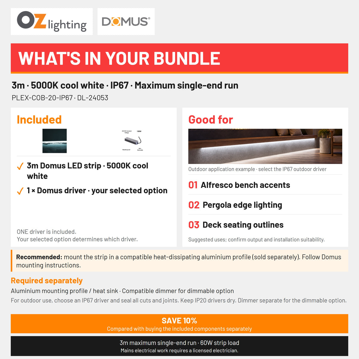 Domus PLEX-COB-20-IP67 LED Strip & Driver Bundle - 5000K, 3m-Domus Lighting-Ozlighting.com.au