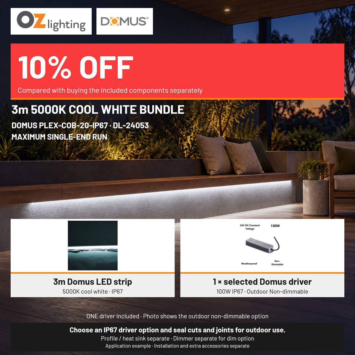 Domus PLEX-COB-20-IP67 LED Strip & Driver Bundle - 5000K, 3m-Domus Lighting-Ozlighting.com.au