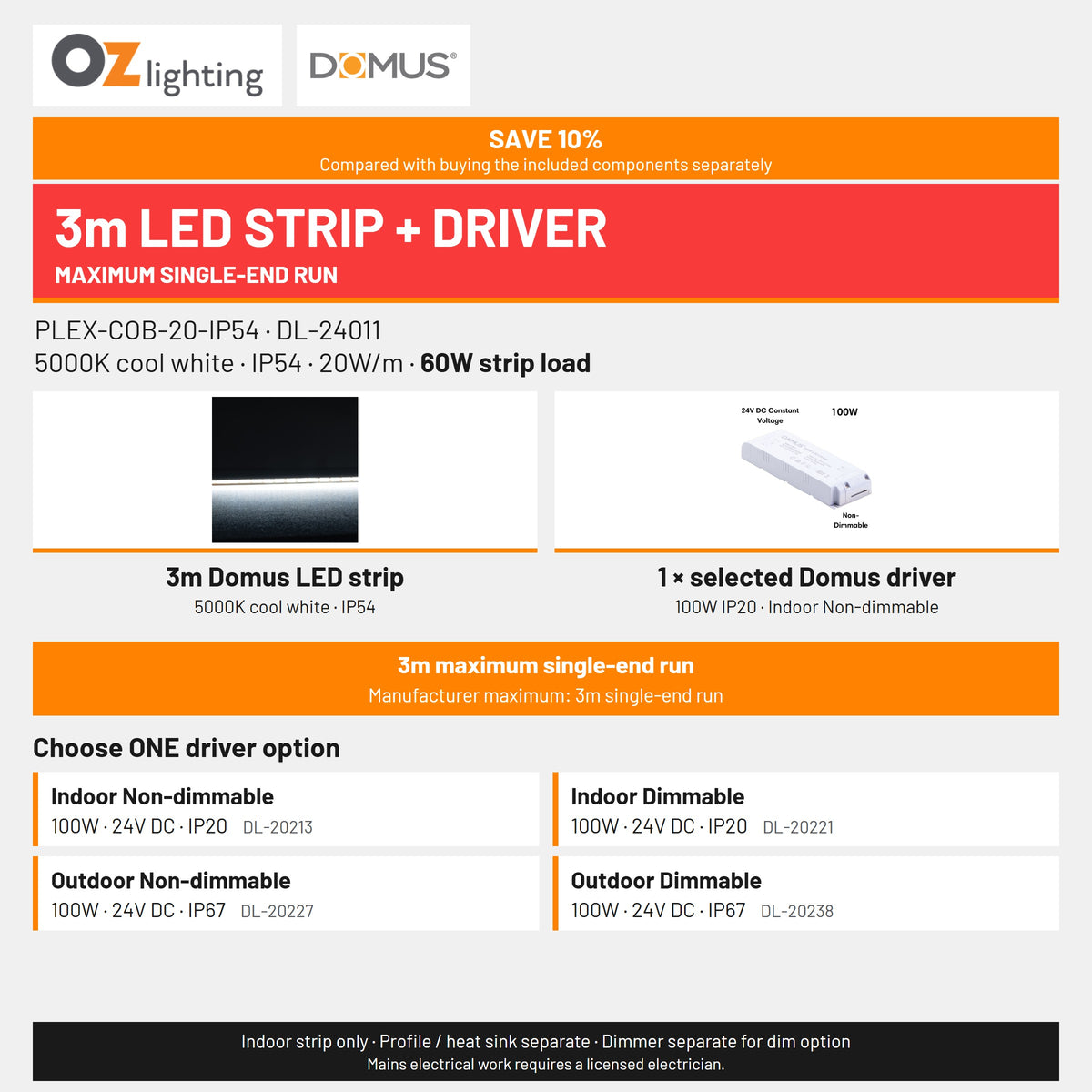 Domus PLEX-COB-20-IP54 LED Strip & Driver Bundle - 5000K, 3m-Domus Lighting-Ozlighting.com.au
