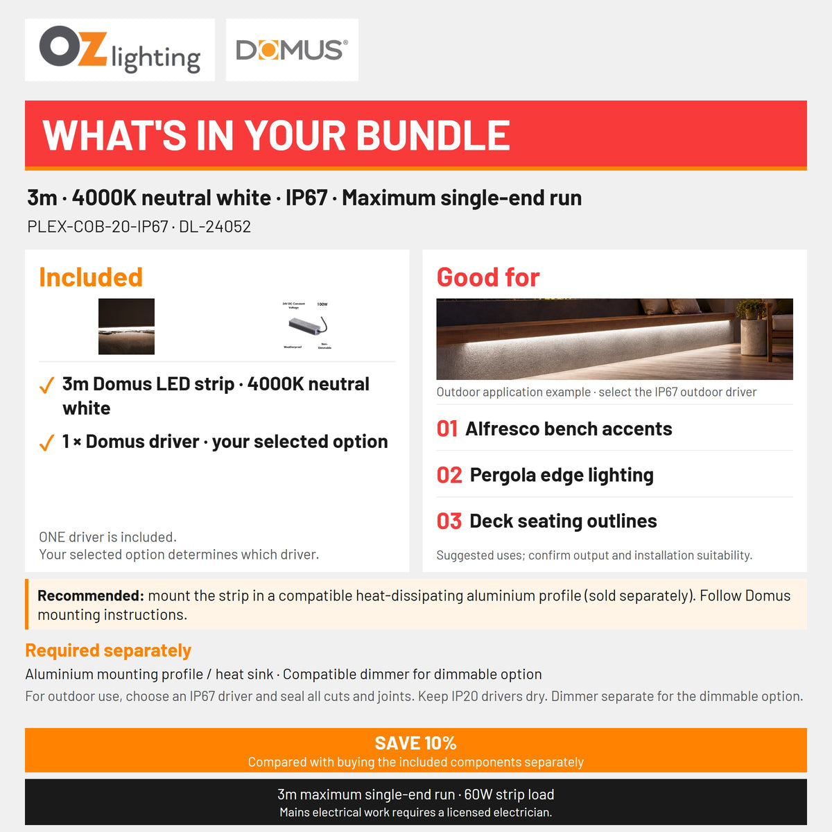 Domus PLEX 3 Metre 20W/m Neutral White Outdoor Strip and Driver Bundle-Domus Lighting-Ozlighting.com.au