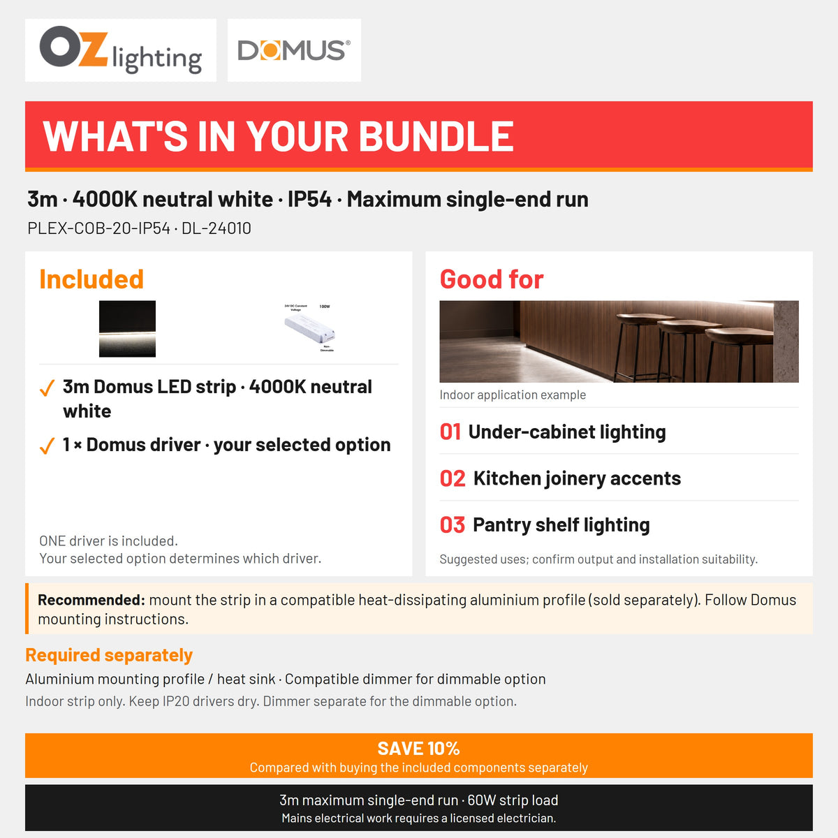 Domus PLEX 3 Metre 20W/m Neutral White Strip and Driver Bundle-Domus Lighting-Ozlighting.com.au
