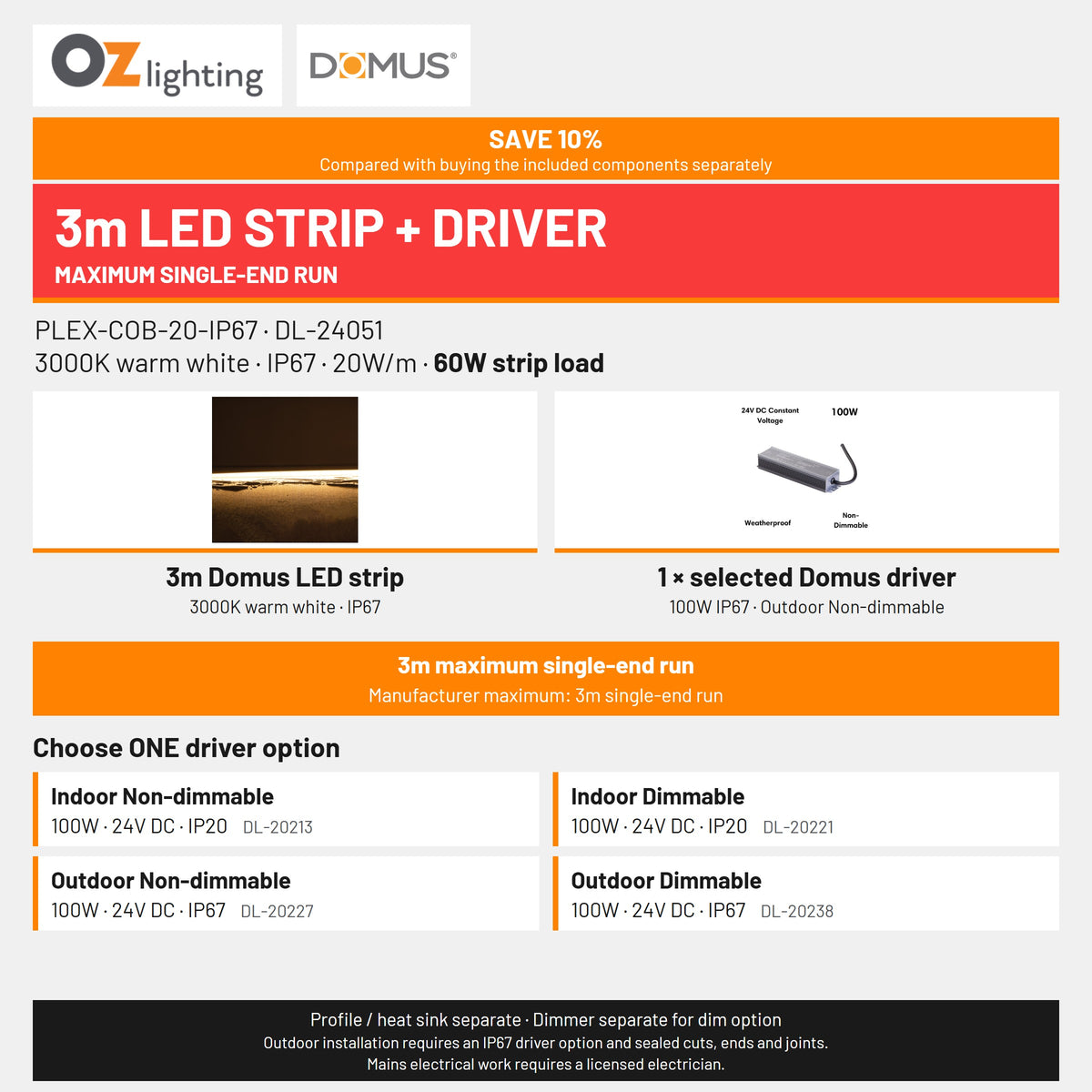 Domus PLEX-COB-20-IP67 LED Strip & Driver Bundle - 3000K, 3m-Domus Lighting-Ozlighting.com.au