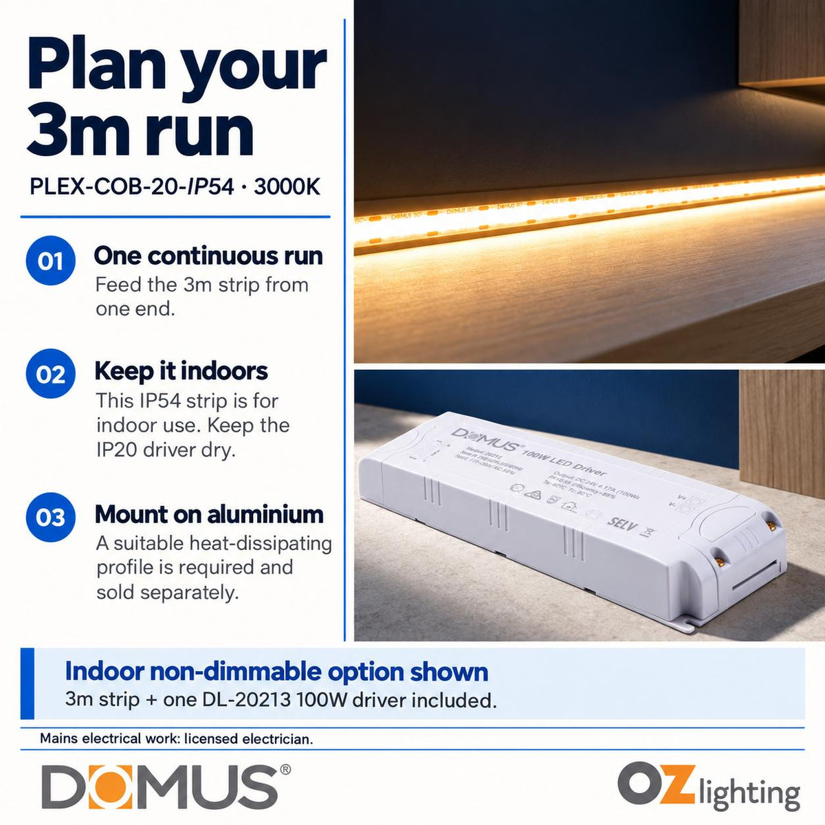 Domus PLEX 3 Metre 20W/m Warm White Strip and Driver Bundle-Domus Lighting-Ozlighting.com.au
