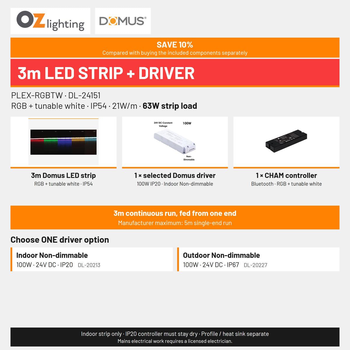Domus PLEX-RGBTW LED Strip & Driver Bundle - RGB + Tunable White, IP54, 3m-Domus Lighting-Ozlighting.com.au