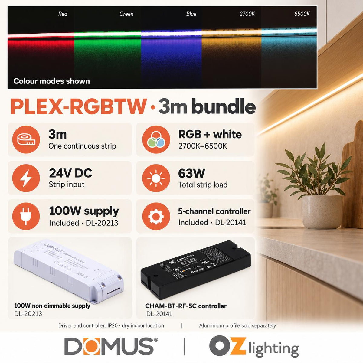 Domus PLEX 3 Metre 21W/m RGB + White Strip and Driver Bundle-Domus Lighting-Ozlighting.com.au