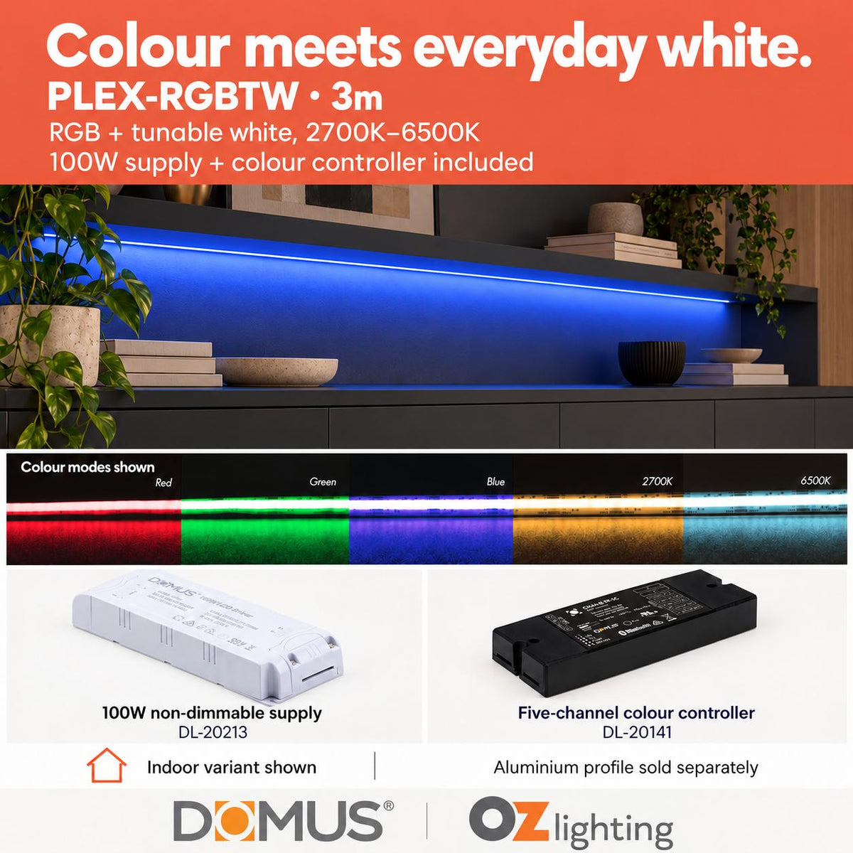 Domus PLEX 3 Metre 21W/m RGB + White Strip and Driver Bundle-Domus Lighting-Ozlighting.com.au