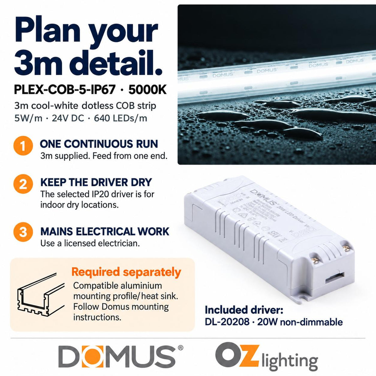 Domus PLEX 3 Metre 5W/m Cool White Outdoor Strip and Driver Bundle-Domus Lighting-Ozlighting.com.au