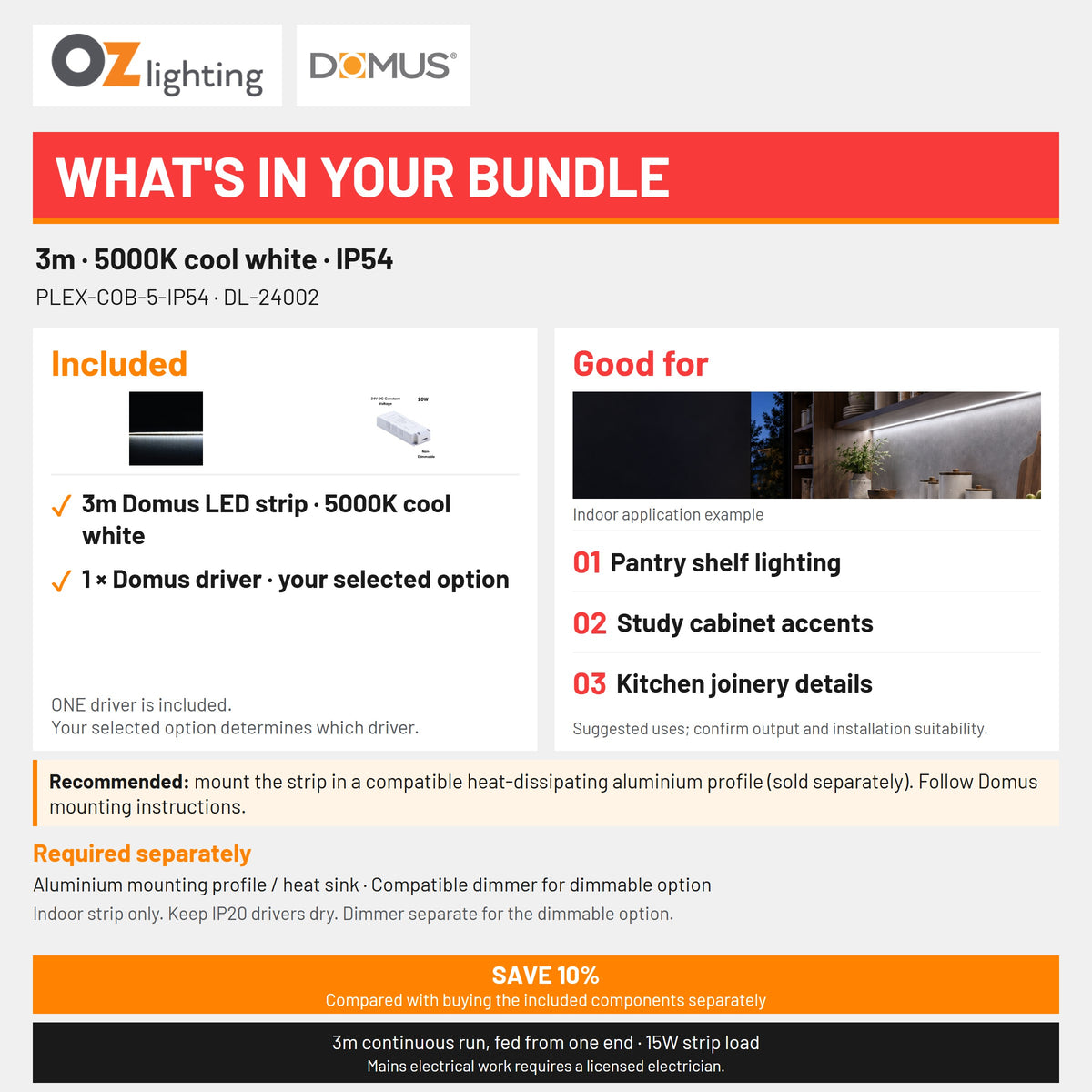 Domus PLEX-COB-5-IP54 LED Strip & Driver Bundle - 5000K, 3m-Domus Lighting-Ozlighting.com.au