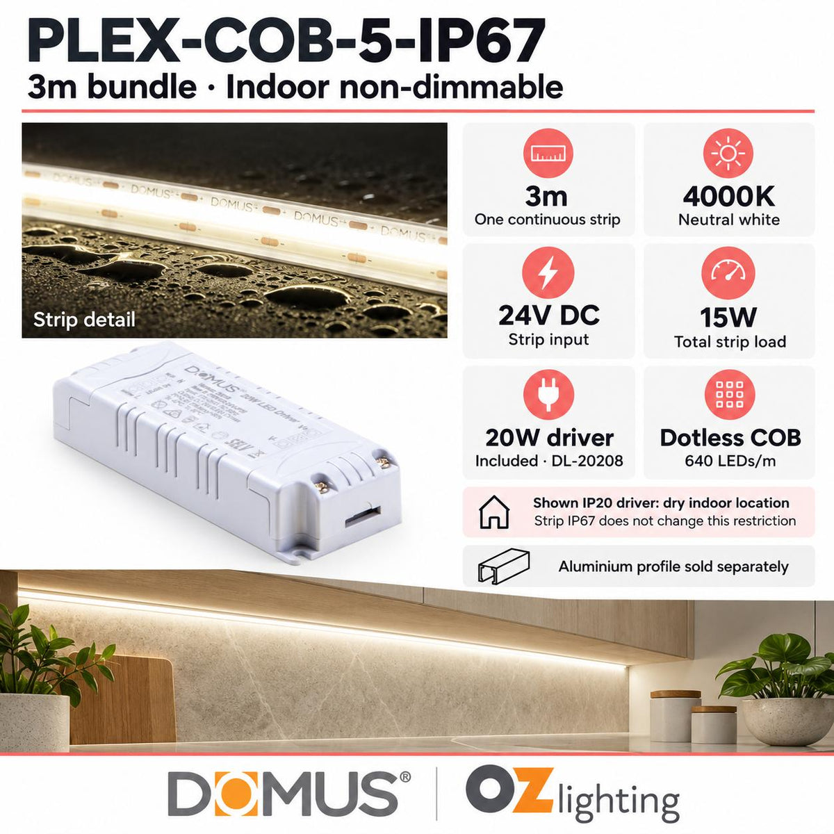 Domus PLEX-COB-5-IP67 3m 4000K LED strip and driver bundle — product details