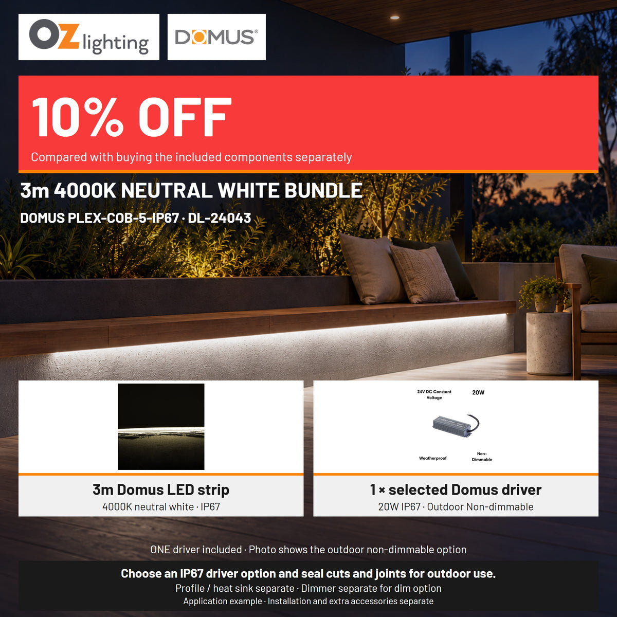 Domus PLEX 3 Metre 5W/m Neutral White Outdoor Strip and Driver Bundle-Domus Lighting-Ozlighting.com.au