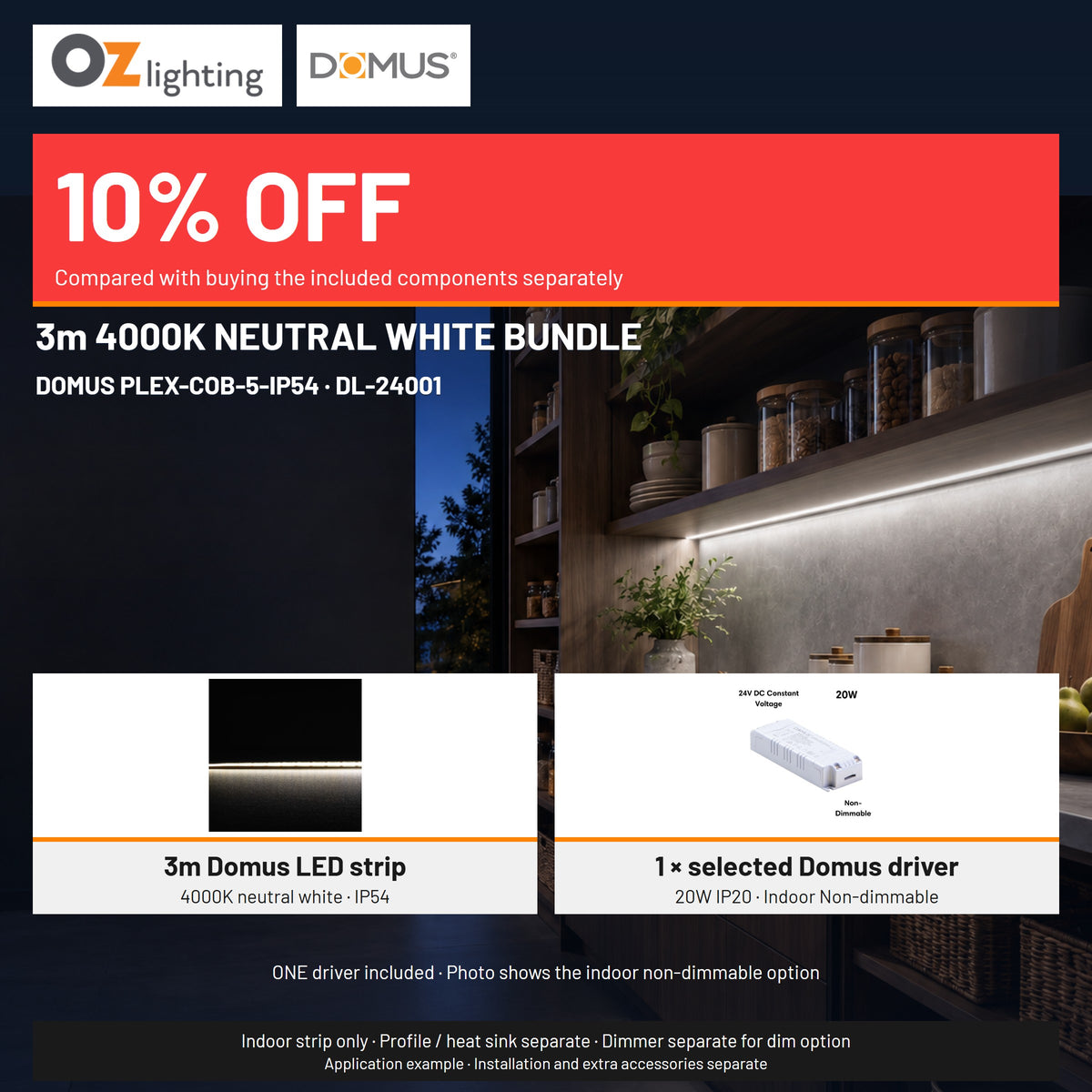 Domus PLEX 3 Metre 5W/m Neutral White Strip and Driver Bundle-Domus Lighting-Ozlighting.com.au