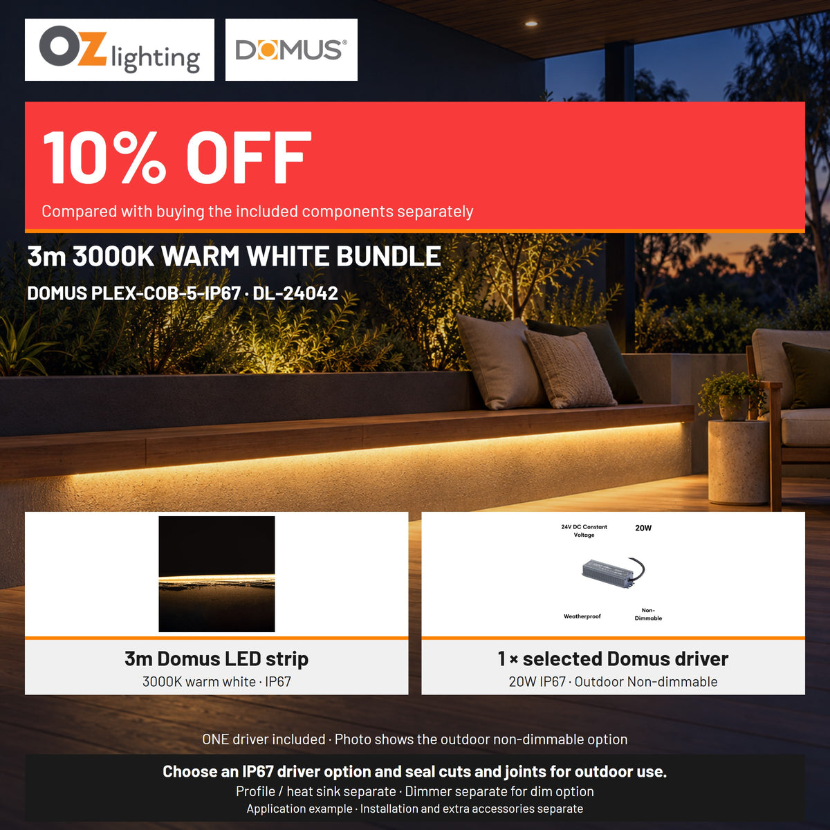 Domus PLEX 3 Metre 5W/m Warm White Outdoor Strip and Driver Bundle-Domus Lighting-Ozlighting.com.au