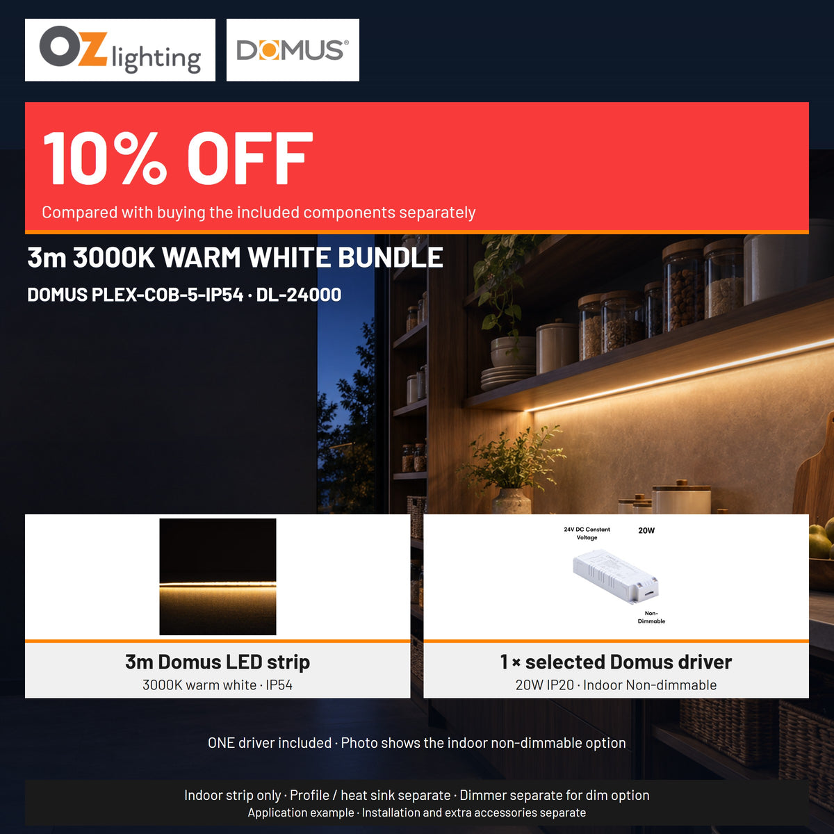 Domus PLEX 3 Metre 5W/m Warm White Strip and Driver Bundle-Domus Lighting-Ozlighting.com.au