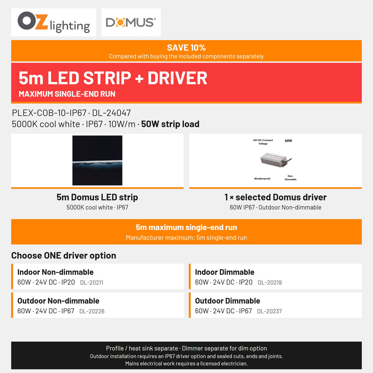 Domus PLEX 5 Metre 10W/m Cool White Outdoor Strip and Driver Bundle-Domus Lighting-Ozlighting.com.au