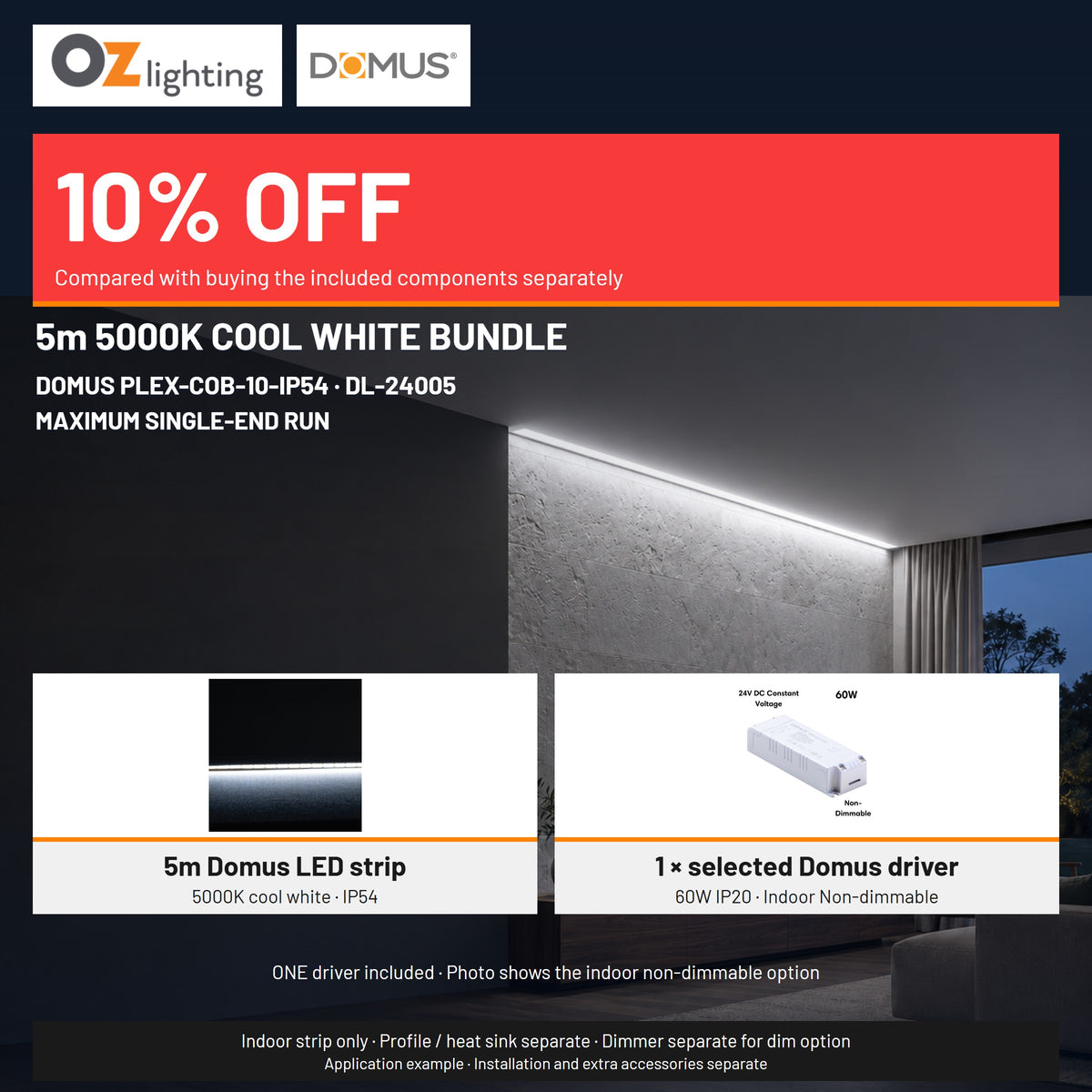 Domus PLEX 5 Metre 10W/m Cool White Strip and Driver Bundle-Domus Lighting-Ozlighting.com.au