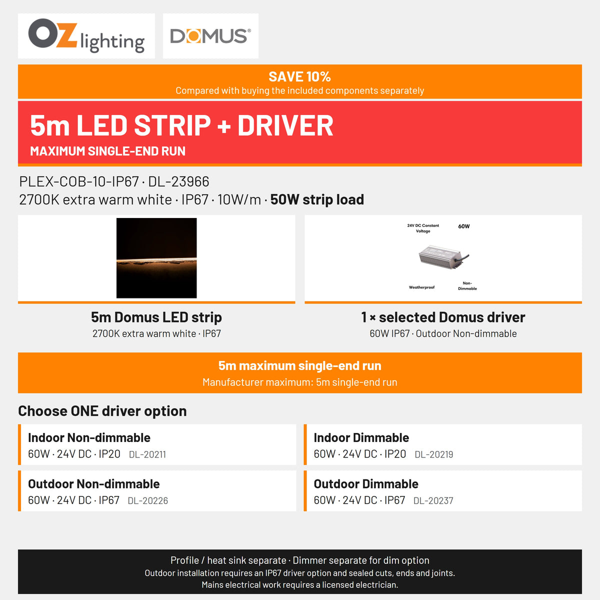 Domus PLEX 5 Metre 10W/m Extra Warm White Outdoor Strip and Driver Bundle-Domus Lighting-Ozlighting.com.au