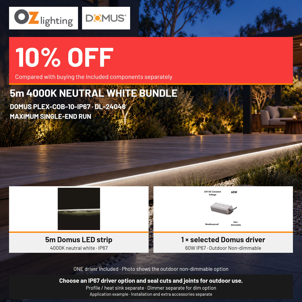 Domus PLEX 5 Metre 10W/m Neutral White Outdoor Strip and Driver Bundle-Domus Lighting-Ozlighting.com.au