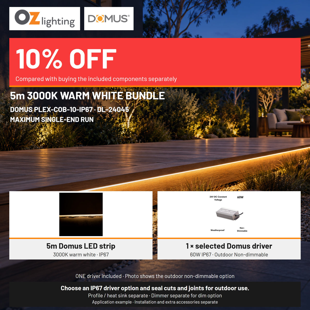 Domus PLEX 5 Metre 10W/m Warm White Outdoor Strip and Driver Bundle-Domus Lighting-Ozlighting.com.au