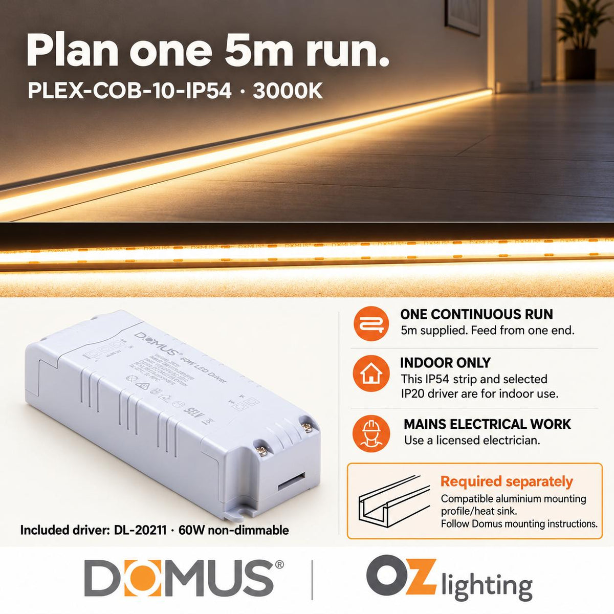 Domus PLEX-COB-10-IP54 5m 3000K LED strip and driver bundle — practical advice