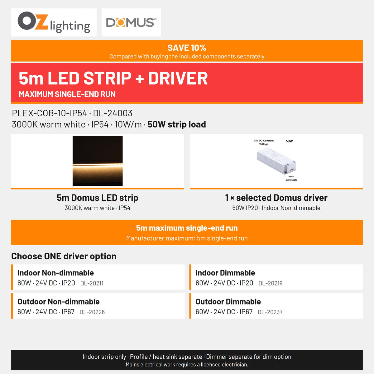 Domus PLEX 5 Metre 10W/m Warm White Strip and Driver Bundle-Domus Lighting-Ozlighting.com.au