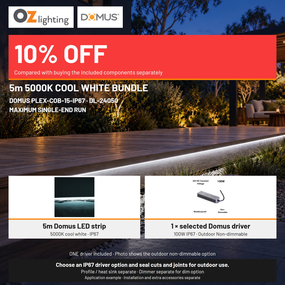 Domus PLEX-COB-15-IP67 LED Strip & Driver Bundle - 5000K, 5m-Domus Lighting-Ozlighting.com.au