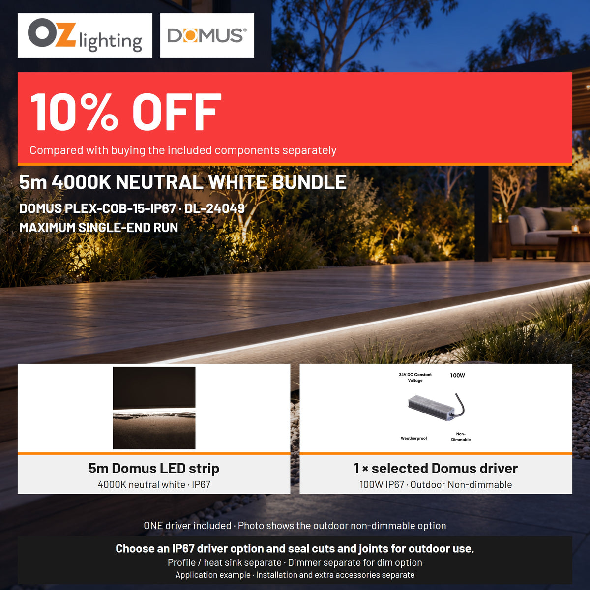 Domus PLEX 5 Metre 15W/m Neutral White Outdoor Strip and Driver Bundle-Domus Lighting-Ozlighting.com.au