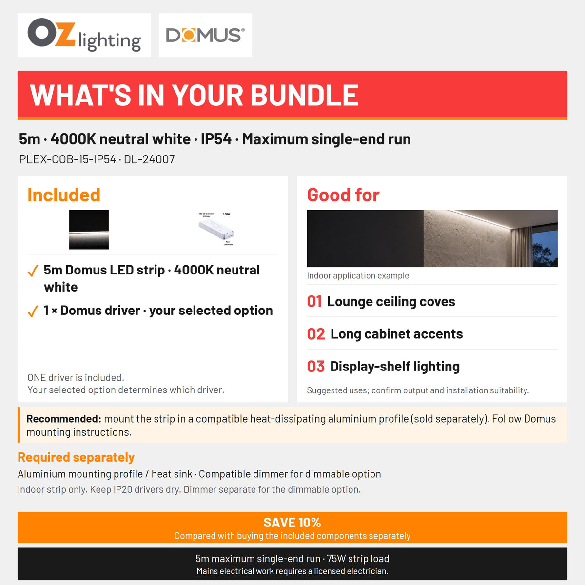 Domus PLEX 5 Metre 15W/m Neutral White Strip and Driver Bundle-Domus Lighting-Ozlighting.com.au