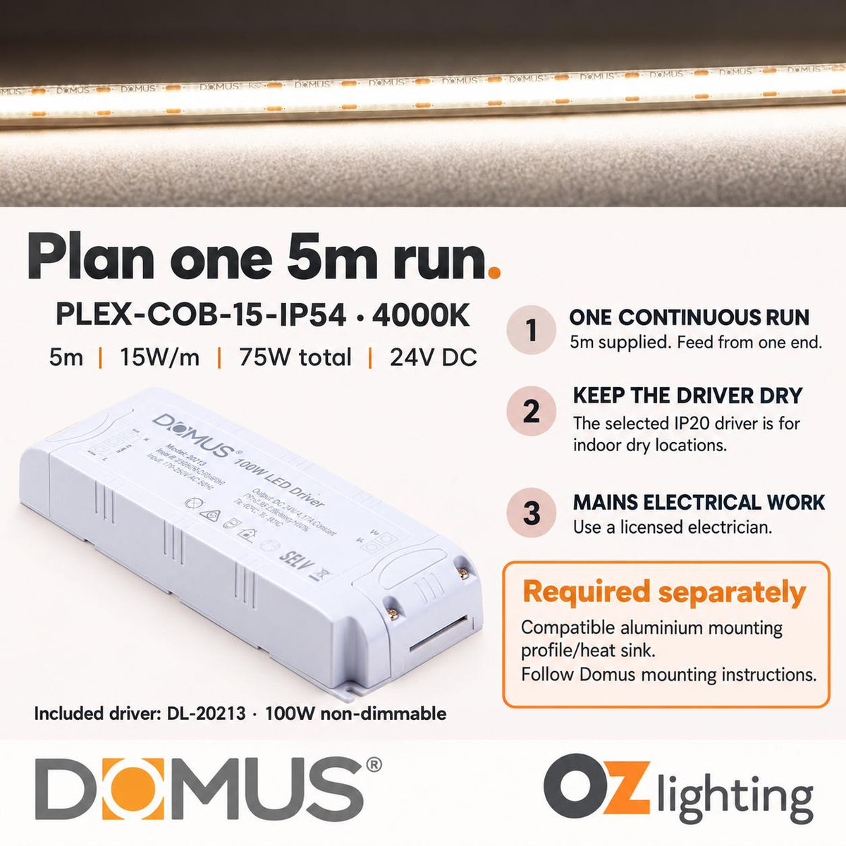 Domus PLEX 5 Metre 15W/m Neutral White Strip and Driver Bundle-Domus Lighting-Ozlighting.com.au