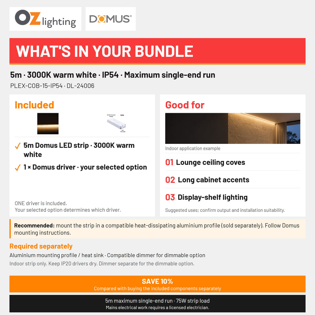 Domus PLEX 5 Metre 15W/m Warm White Strip and Driver Bundle-Domus Lighting-Ozlighting.com.au