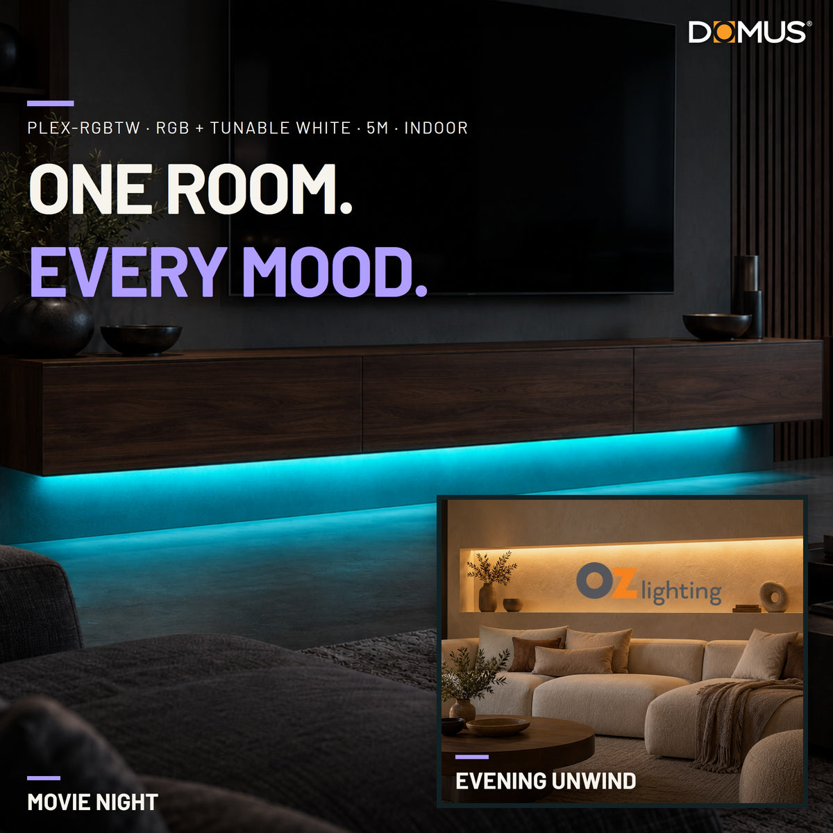 Domus PLEX-RGBTW LED Strip & Driver Bundle - RGB + Tunable White, IP54, 5m-Domus Lighting-Ozlighting.com.au