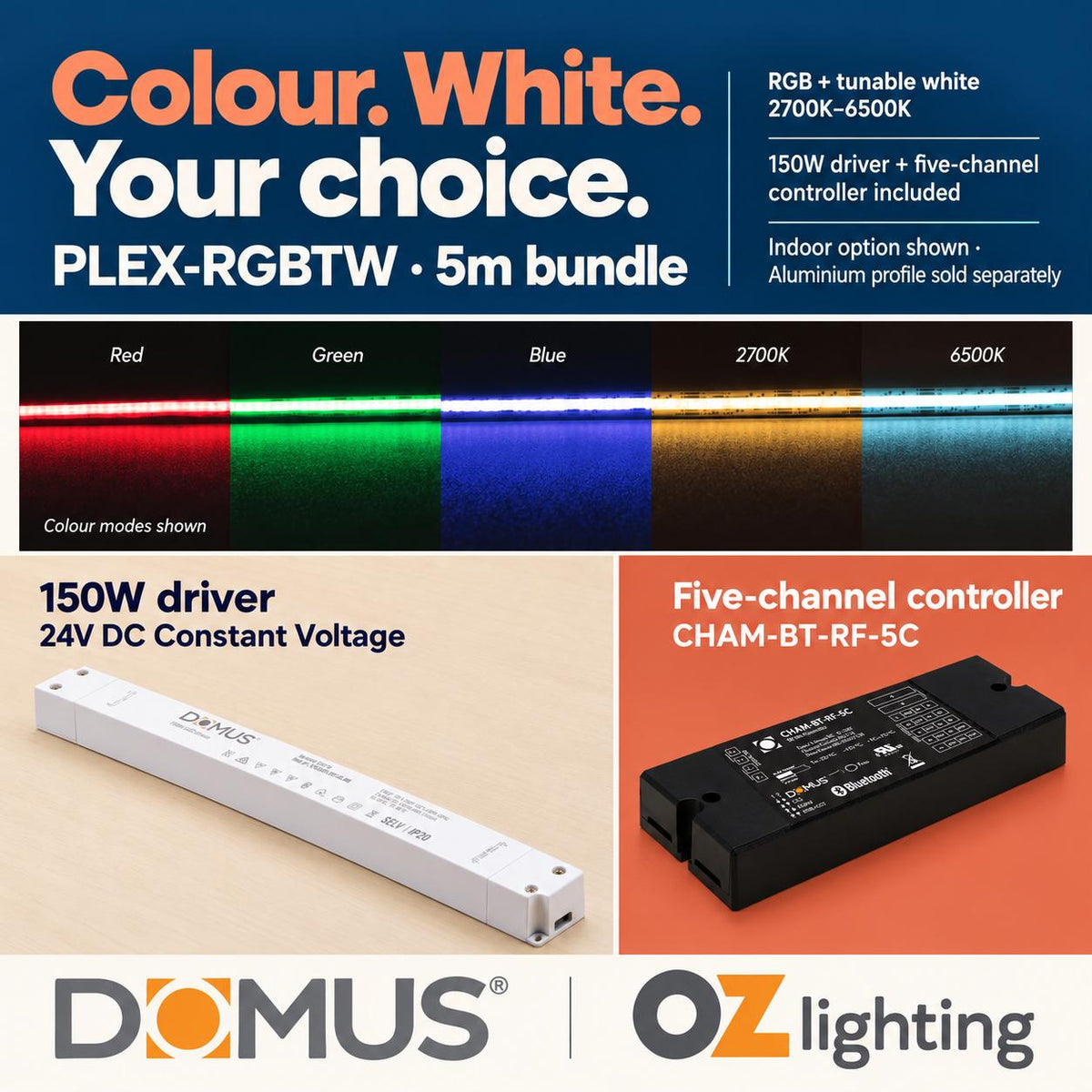 Domus PLEX 5 Metre 21W/m RGB + White Strip and Driver Bundle-Domus Lighting-Ozlighting.com.au